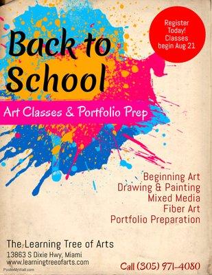 Now registering for art & portfolio classes. Classes begin on Tuesday, August 21st. Call today!