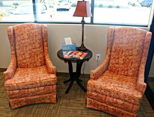 You'll find 2 of the most comfortable chairs you'll ever sit in in our lobby.