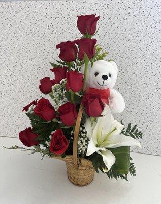 Happy love
12 premium roses in a basket with a teddy
$92.55