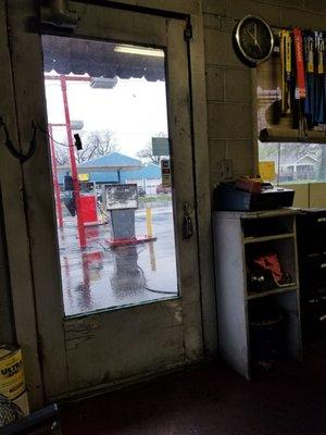 Front door looking out to the cool, old gas pumps