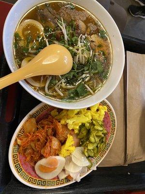 House Pickles and Kimchi Plate and Chicken Ramen