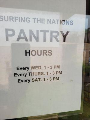 Pantry hours as of March 24, 2021 Also, food drive on Thursdays at 1:00 pm