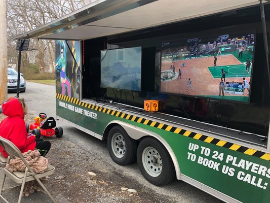 Streaming the Celtics game outside the Mobile Theater!