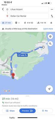 Your journey to your "Lihue location" rental car if you book here and fly into Lihue Airport