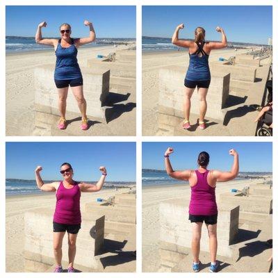 Anna & Kirsten showing off their muscles they build with Body By Dave at the beach.