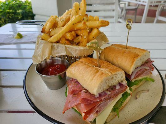 Garlic parmesan fries with Italian sandwich