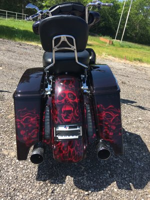 Custom Painted Harley Davidson Street Glide in Blacken Cyan and airbrushed with Skulls and fire. Kandied over