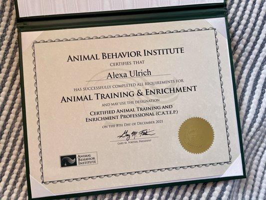 Trainer Alexa is a Certified Professional of Animal Training & Enrichment.