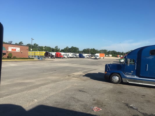 This is from the front of the truck stop, at the pumps, looking toward the back parking area.