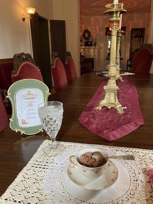 Muddy Colorado ice cream in tea cup at parlor dining room