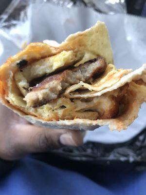 Egg, Sausage, Cheese in a Wrap ($5.50)