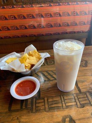 Chips and Salsa with horchata.