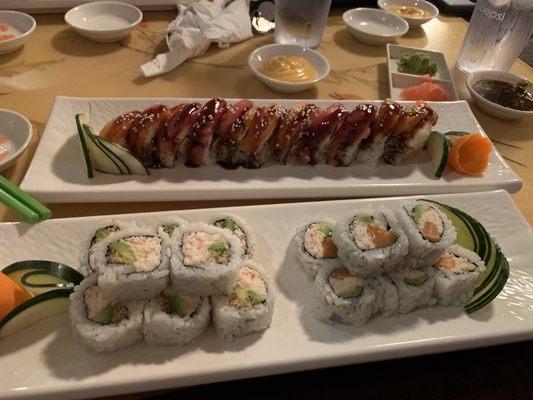 Crunchy crawfish roll (left), Alaskan roll (right), sunrise roll (back)