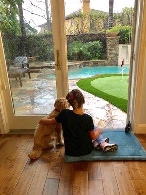 A California girl and her California dog watch it rain for 30 minutes in amazement.