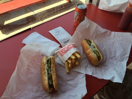 Two Chicago hot dogs, fries and a drink $5