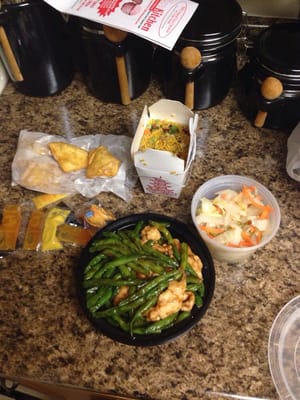 Spicy coleslaw, crab wontons, pork fried rice and chicken with green beans