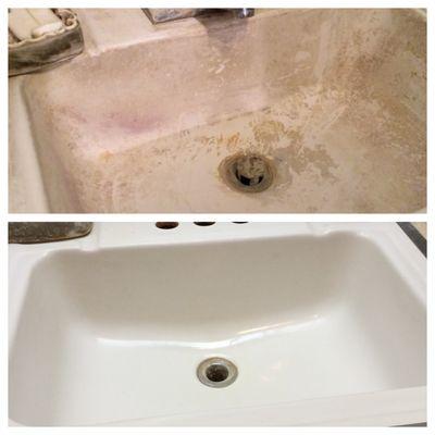 Cleaned calcium and lime scale from a bathroom sink. Looks like new.