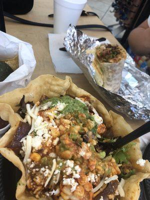 Carne Asada tostada and Chicken el pastor burrito