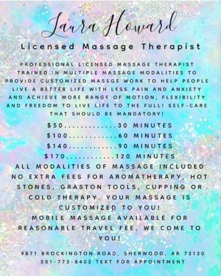 Laura Howard, Licensed Massage Therapist - List of Services