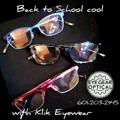 Back to school styles from Klik Eyewear feature innovative craftmanship from Denmark. Precision hinges, bright colors and stylish shapes.