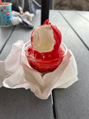 Vanilla soft serve dipped in cherry sauce!!