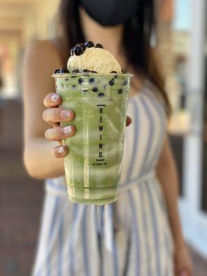 Matcha Crush with vanilla ice cream & brown sugar boba