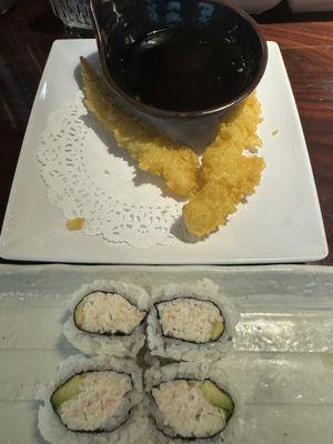 California roll and what's left of the shrimp tempura