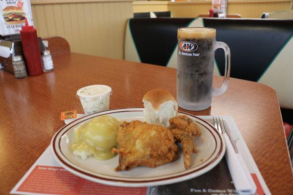 Two piece Chicken Dinner with Mashed Potatoes, Cole Slaw, Dinner Roll, and frosty mug of A&W Root Beer