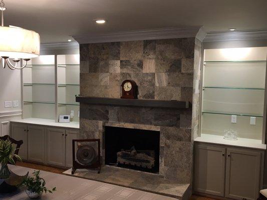 Travertine fireplace with triple stack crown moulding