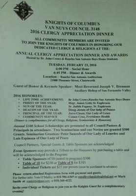 Tuesday February 23rd, 2016 Clergy Night dinner at Rancho San Antonio Boys Home