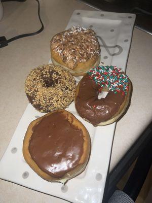 Boston Cream, Peanut Chocolate, Chocolate Iced with Sprinkles, Toasted Coconut