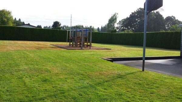 Jungle gym, basketball hoop and BBQ Area