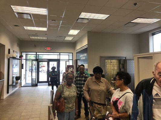 A line of 12 waiting for the only teller. There are 5 empty teller seats.