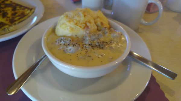 Biscuit with sausage and gravy, very tasty and a wonderful texture