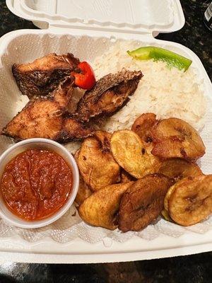 Fried Croaker Dish w/ Jasmine Rice & Ripe Plantains -- Egussi Sauce on the side.