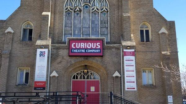 Replaced sign face with new logo for Curious Theatre in Denver