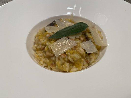 Roasted Pumpkin Risotto with shiitake mushrooms, Meyer lemon, shaved Parmesan, toasted pine nuts and fresh sage.