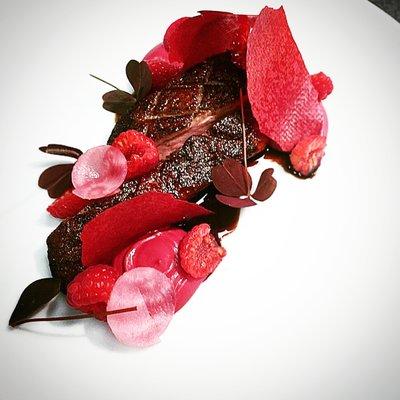 Duck Magret, Apicius Spices, Textures of Beetroot, Raspberry, 30 year aged balsamic.