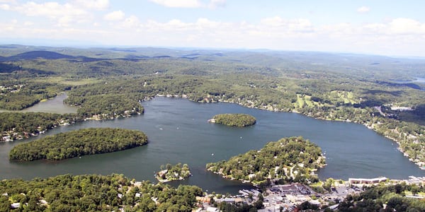 Aerial shot of Lake Mahopac in Mahopac, NY.