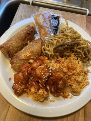 Beef lo mein, port egg rolls, sesame chicken, pork fried rice