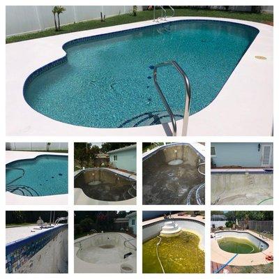 before/during/after pebble pool finish with glass beads, turtle mosaics and stained concrete deck