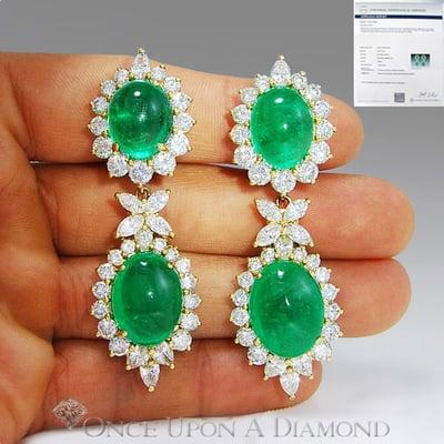 Stock #: RVTSB308 (67.34ctw Cabochon Natural Emerald & Diamond Drop Earrings 18K Gold $90,500 UGS)