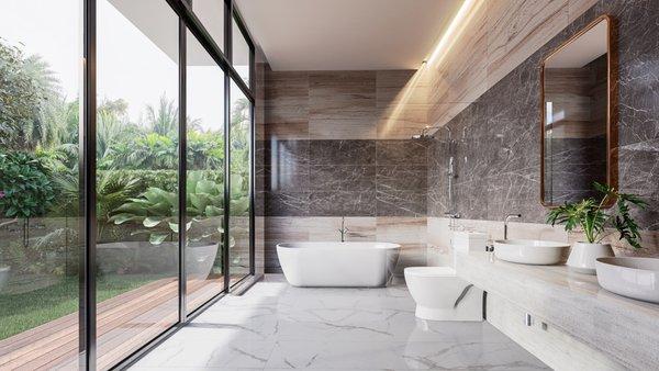 The large windows/doors make this bathroom feel as if you were in the forest.