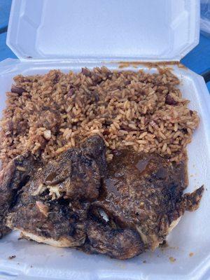 Jerk Chicken with extra rice and peas.  I don't like plantains and greens so I just got extra rice. Service was quick as well.