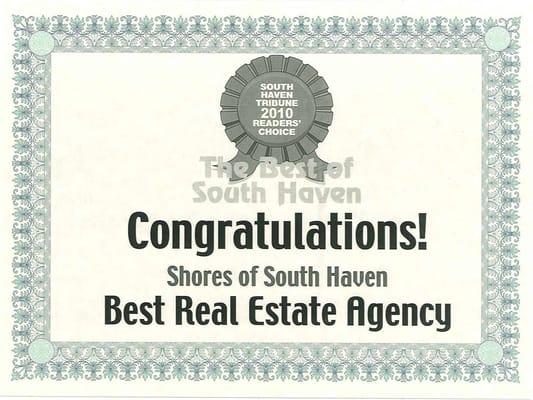 Awarded by a vote of the community for 2010 Best Real Estate Agency