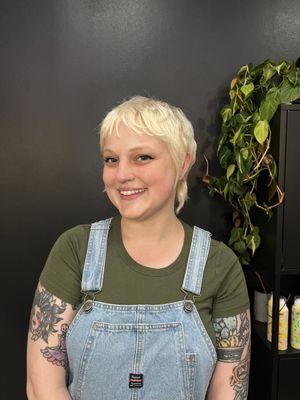 Textured pixie-mullet and platinum blonde by Beka.