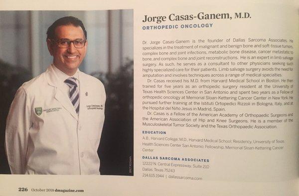 Dr. Jorge Casas-Ganem, M.D.   Orthpedic Oncology.  Featured in D Magazine, October 2018.