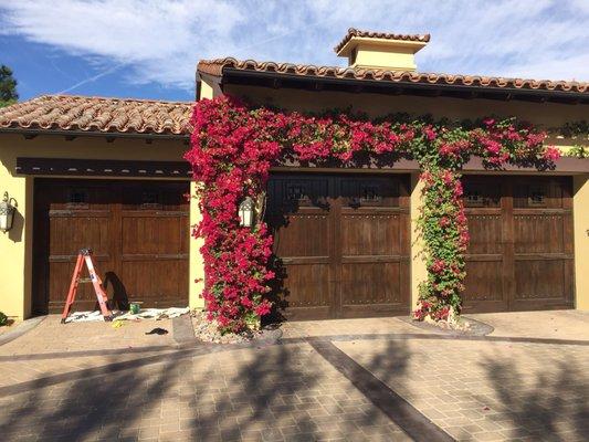 Your garage doors need a fresh look, the 2 doors on the right haven't been sanded - stained- clear coated yet. Unlike the left