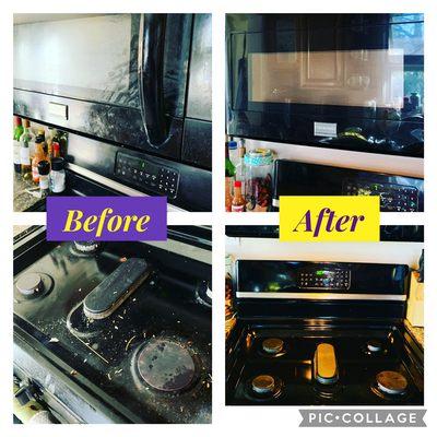 Before and after of a clients stove and microwave.