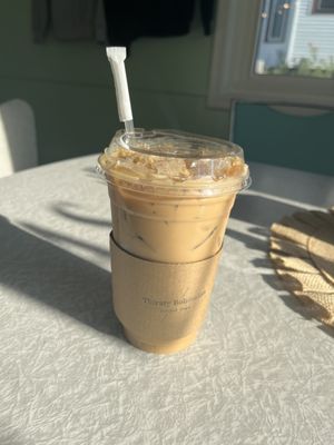 Iced caramel latte! A large has 4 shots of espresso, our small & mediums have 2 shots of espresso!